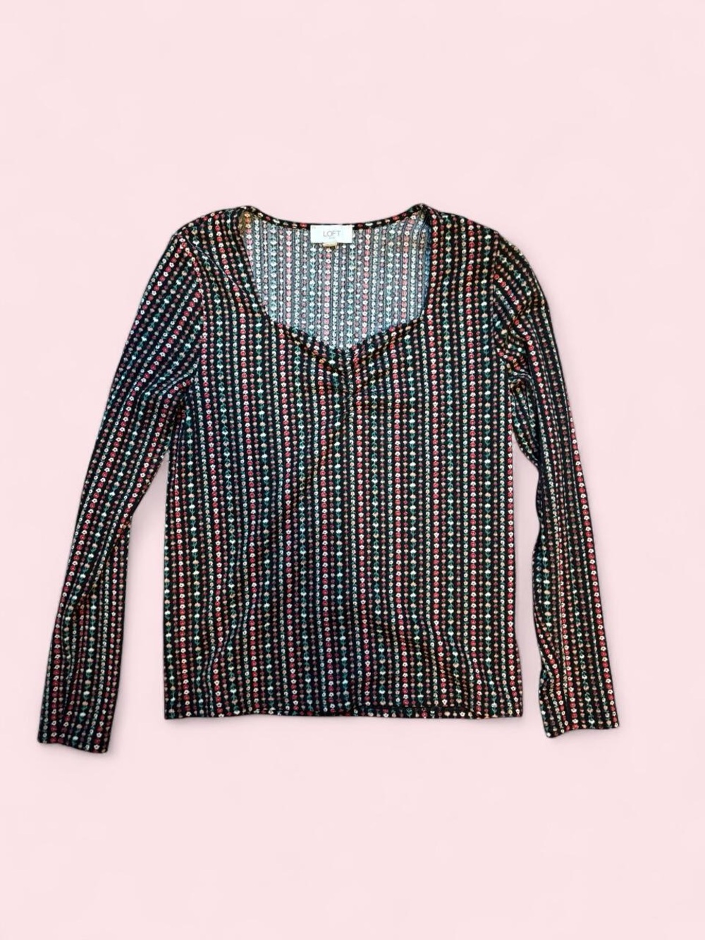 LOFT multi-colored vertical striped long sleeve top with small repeating floral